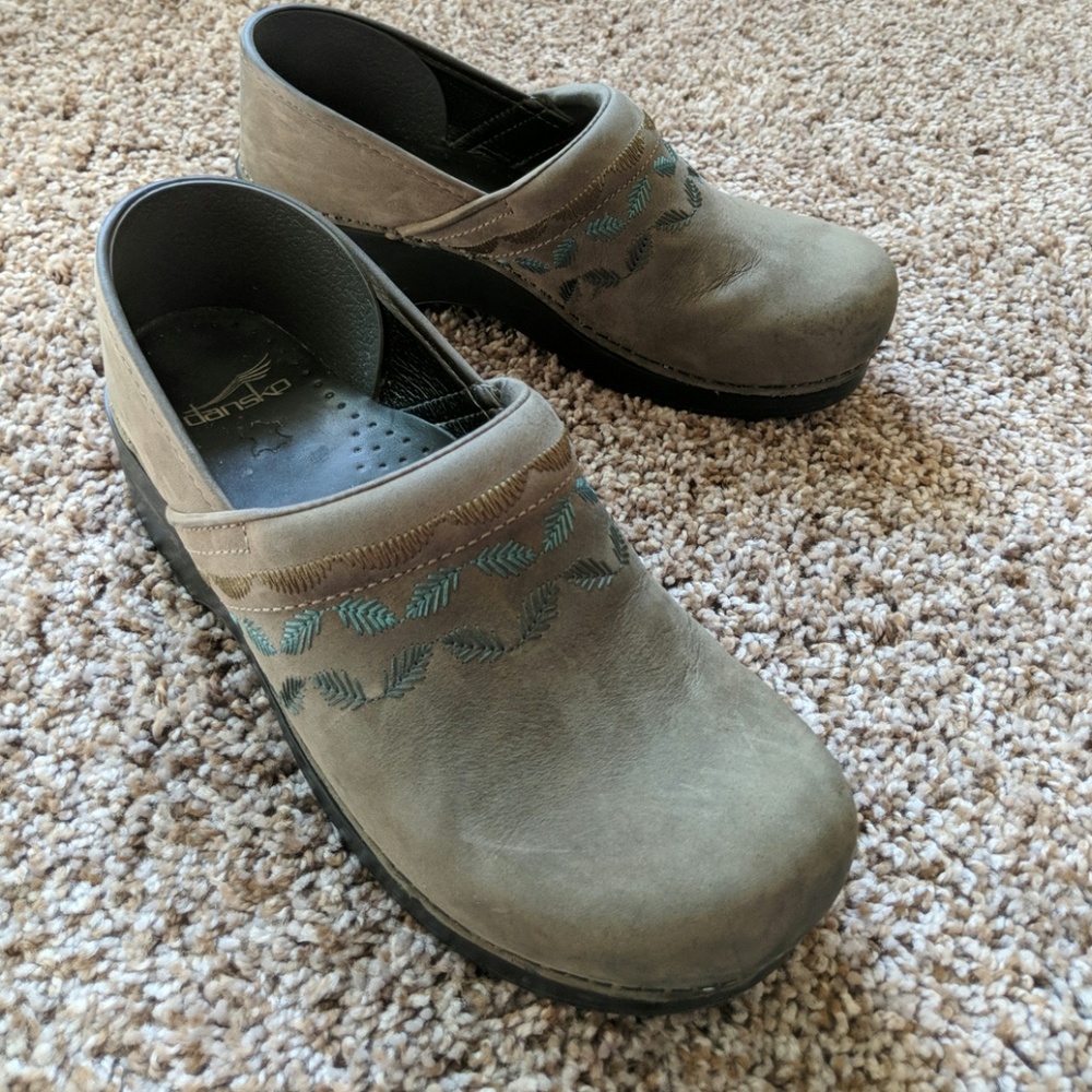 Grey suede Danskos